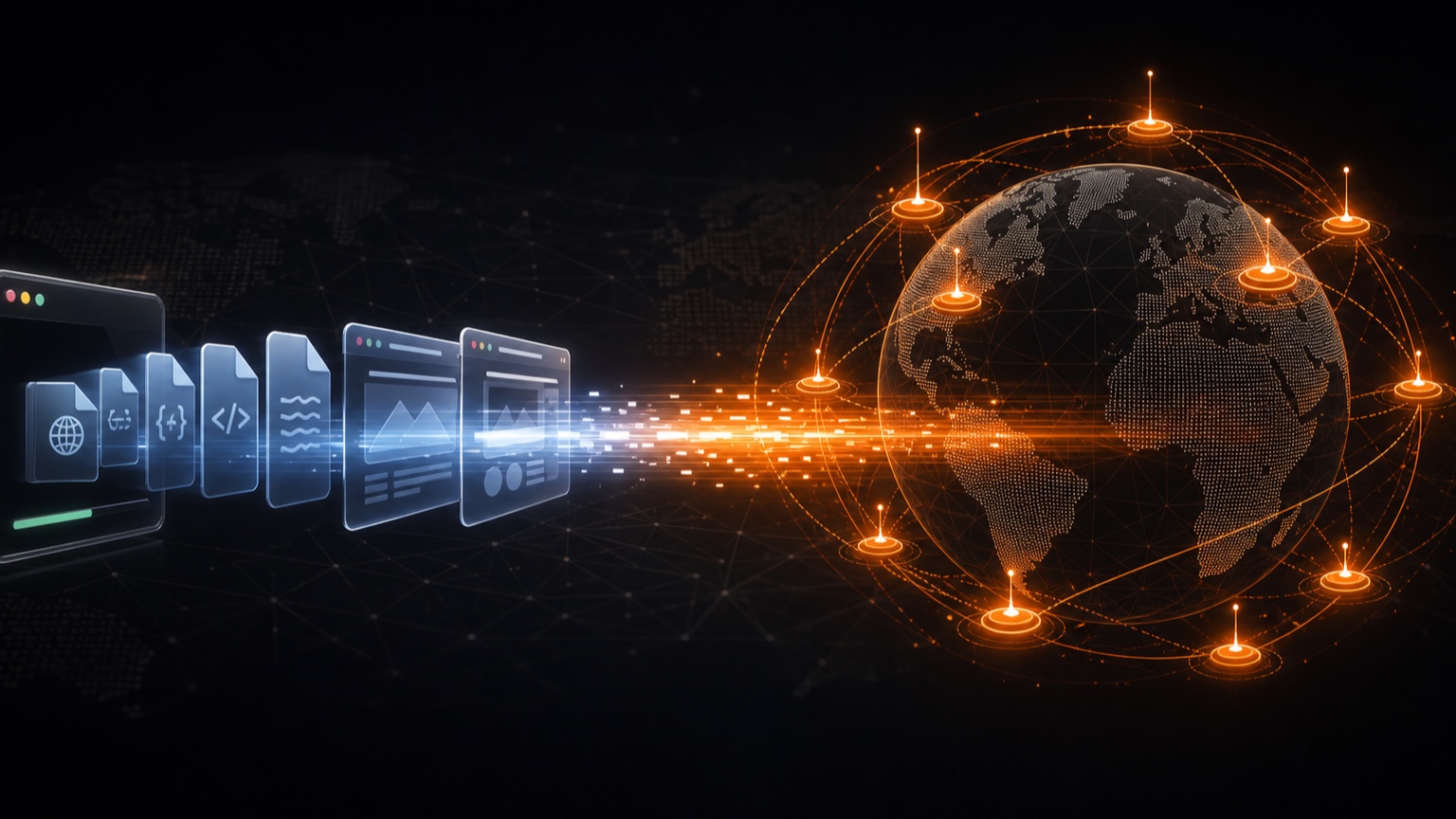 Files streaming from a browser window into a glowing global edge network